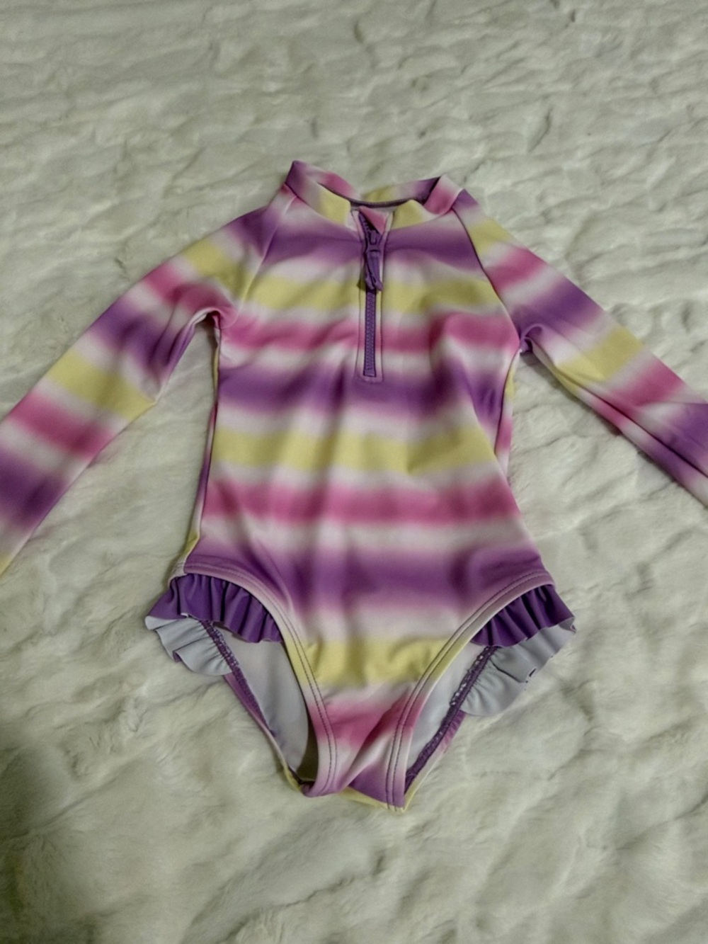 Andy & Evan Purple Pink Yellow Striped Long-Sleeve One-Piece Swim Sz 2T.